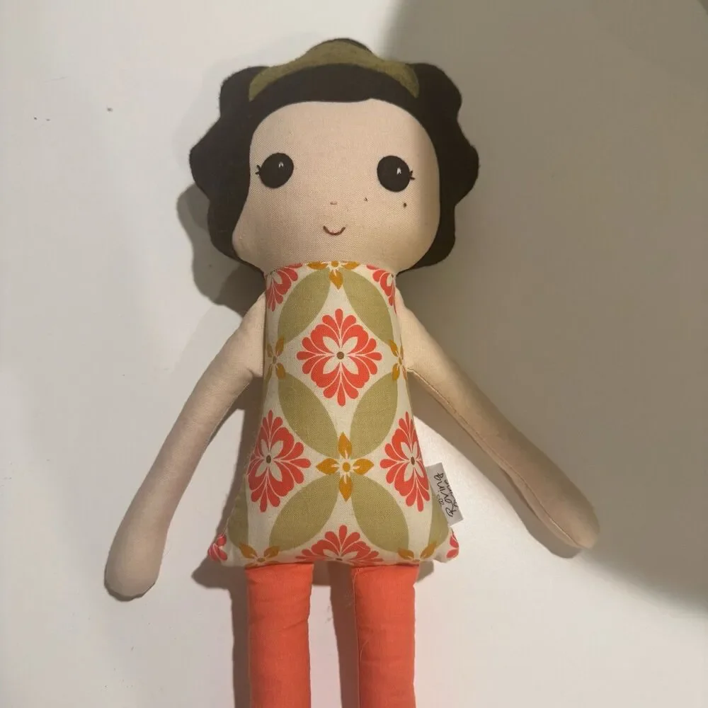 Roving Ovine Cloth Rag Doll Girl Floral Orange Pants Black Yarn Hair Plush Toy